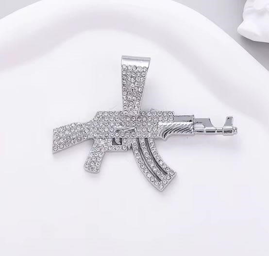 AK47 Gun Pendant Necklace in triple white gold plating