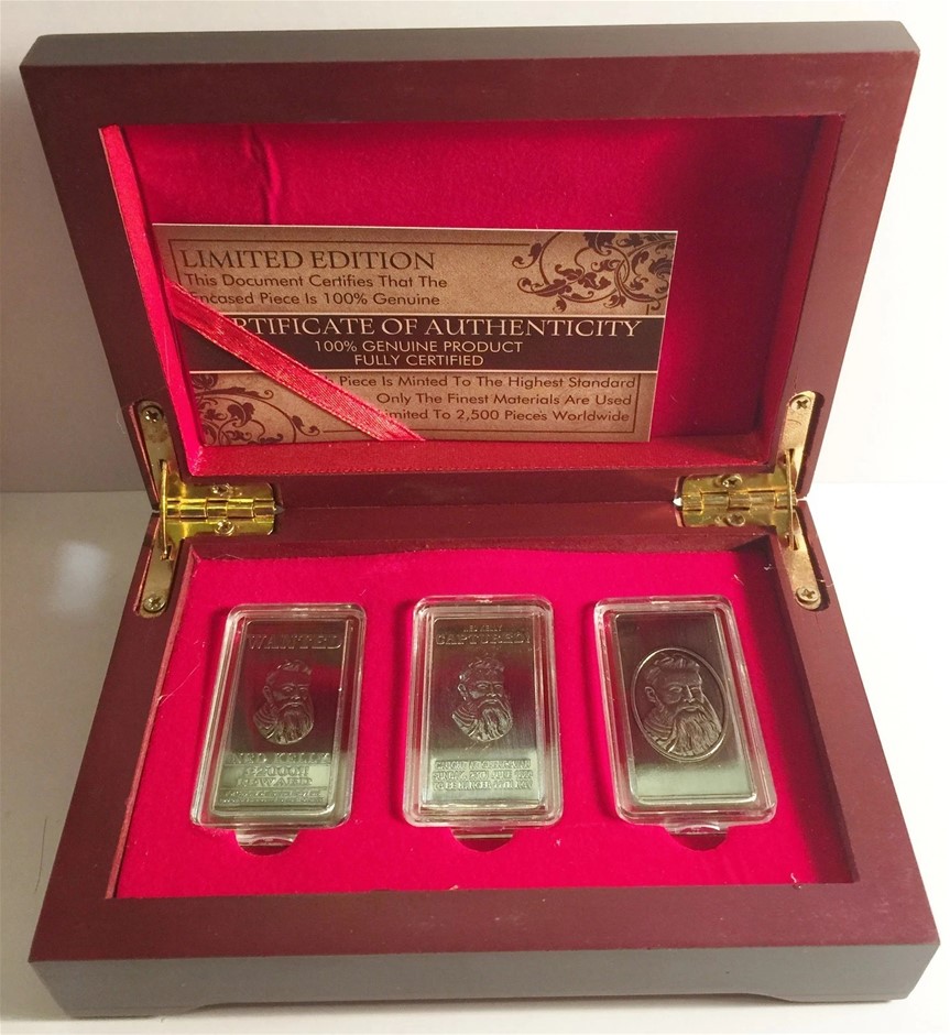 NED KELLY Set Of 3 x 10grm Ingots With D/Box HSE 999 Silver plated