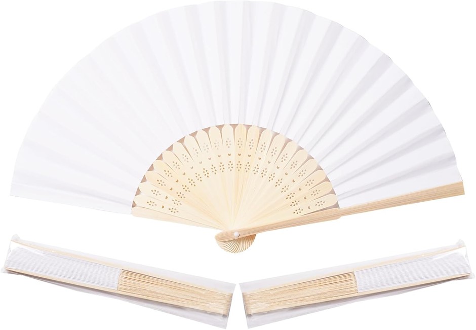 50pcs White Paper Bamboo Hand Fans. Buyers Note - Discount Freight Rates A