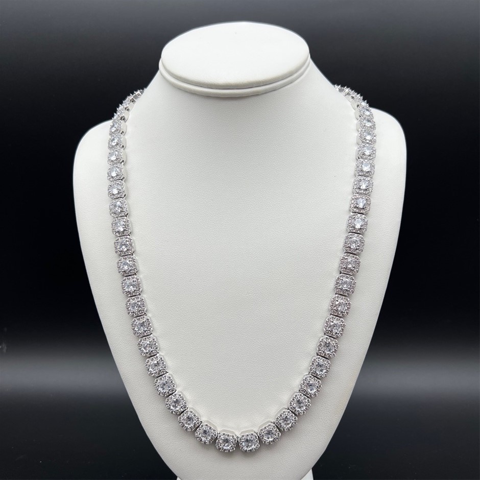 18K White Gold -Filled Clustered Chain Necklace Simulated Diamonds - 55.8cm