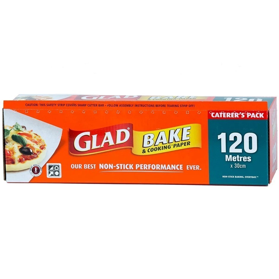 2 x GLAD Bake & Cooking Paper, 120m x 30cm. NB: Damaged packaging & some ba