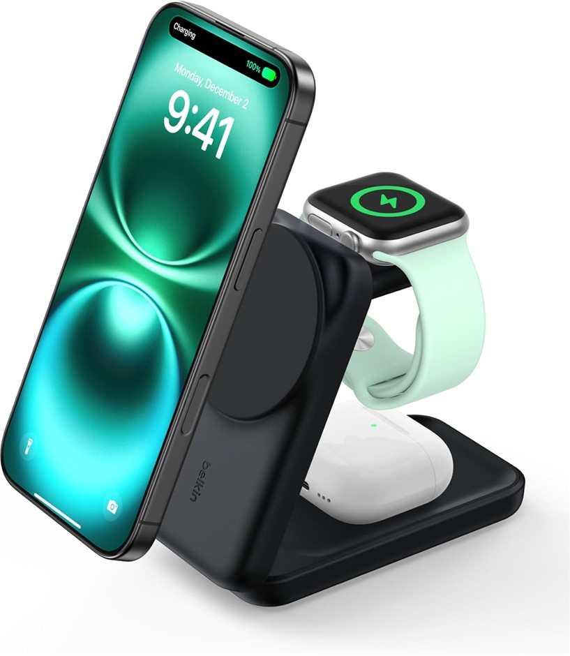 BELKIN MagSafe Charger Compatible, 3-in-1 Qi2 Wireless Charging Station 25W