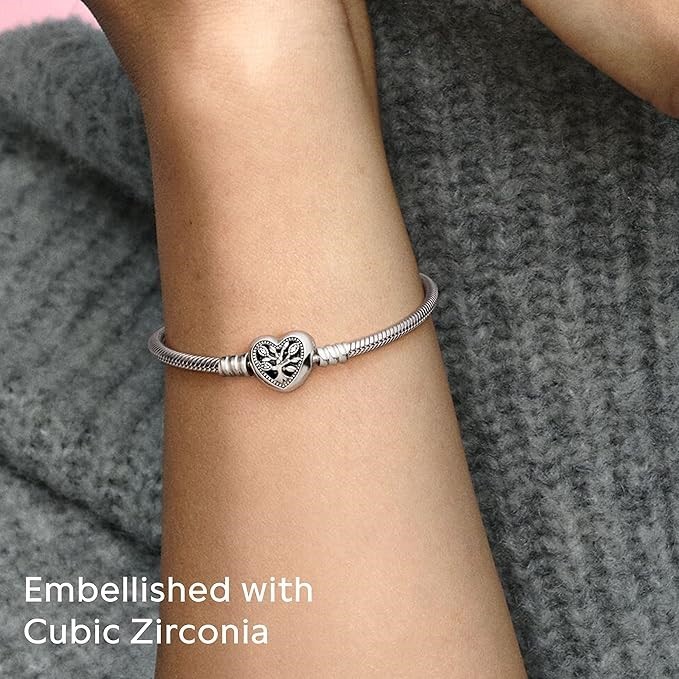 PANDORA Moments Family Tree Heart Clasp Snake Chain Bracelet, Size: 17cm,
