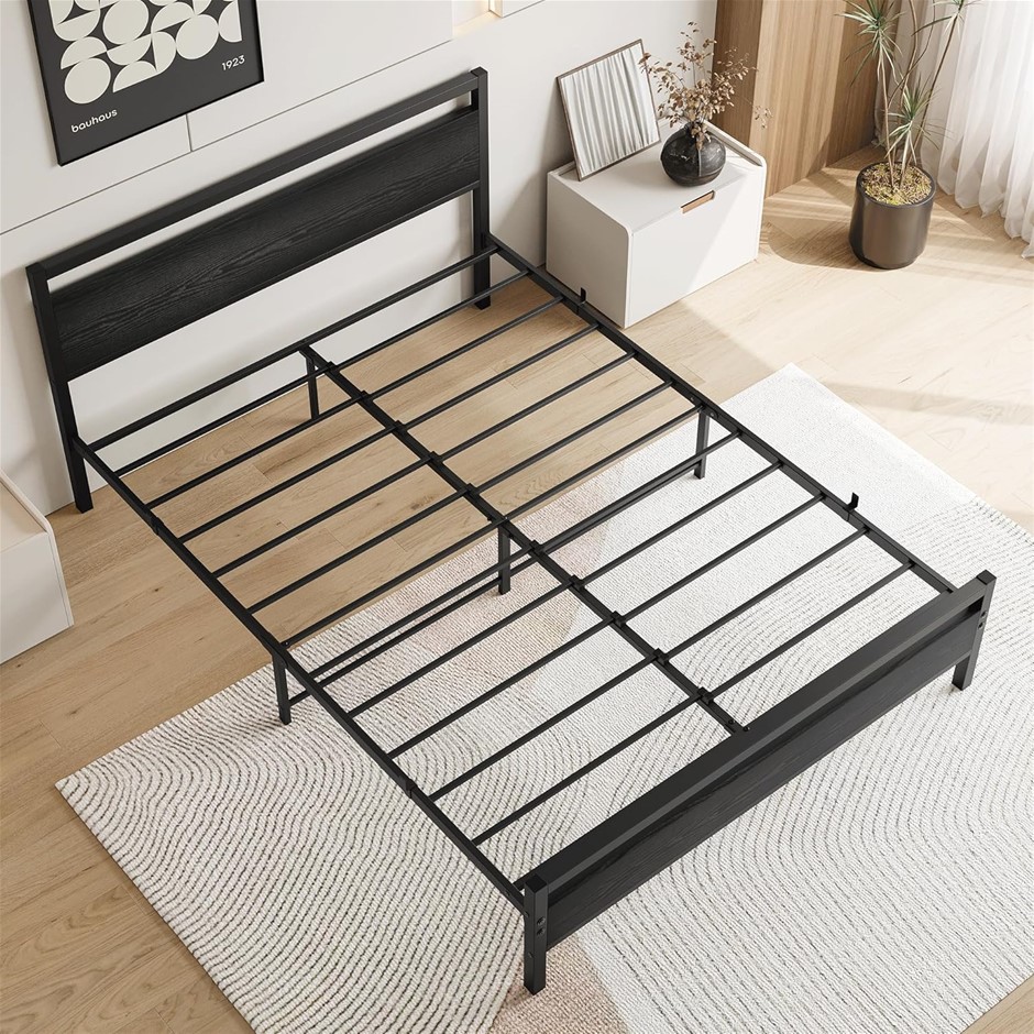 YUDA VERFARM Metal Bed Frame with Black Wood Headboard & Footboard, Heavy D