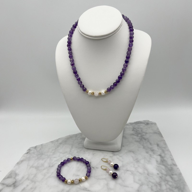 Amethyst, Rose Quartz, Pearls Jewellery Set