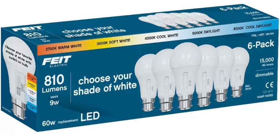 FEIT ELECTRIC 6pk LED Light Bulbs, 810 Lumens, 9W, B22 Base. NB: Damaged pa
