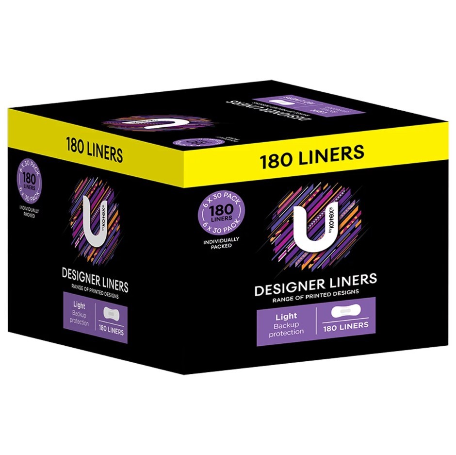 Box of 180pc U BY KOTEX Designer Liners. N.B: Damaged packaging & approx. 5