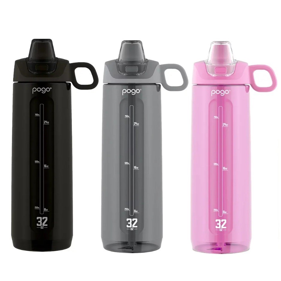 POGO 3pk Tritan Water Bottles, 946ml, Black/Grey/Pink.
