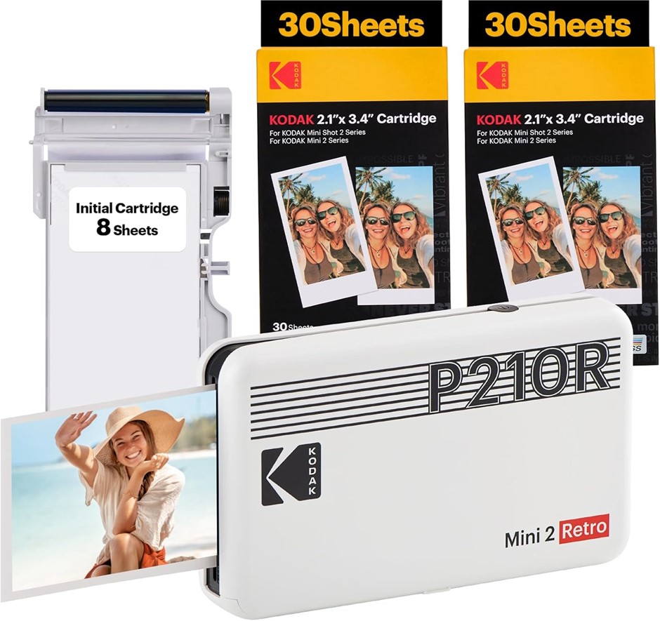 KODAK Mini 2 Retro Instant Photo Printer with Cartridge Bundle, White. NB: