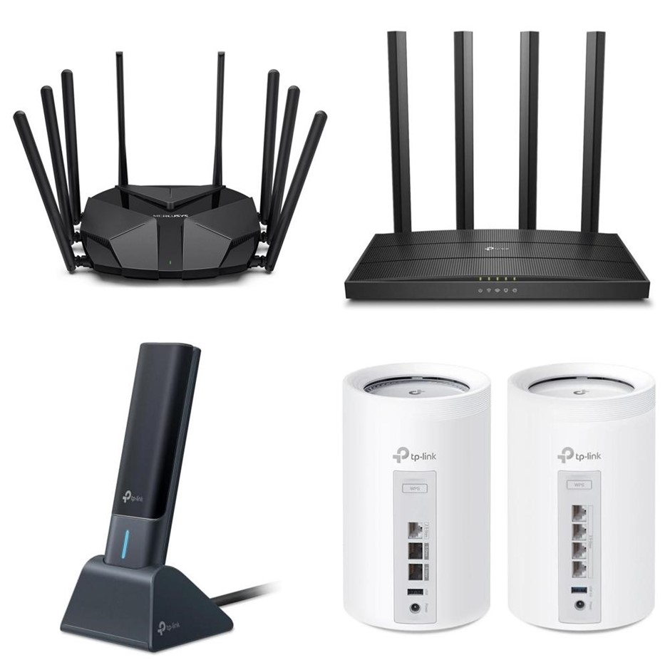 4 x Assorted Routers. 1 x MERCUSYS AX6000 8-Stream Wi-Fi 6 Router. 1 x TP-L