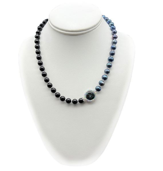 Freshwater, Baroque Pearl & Black Agate with Real Platinum Plated Necklace