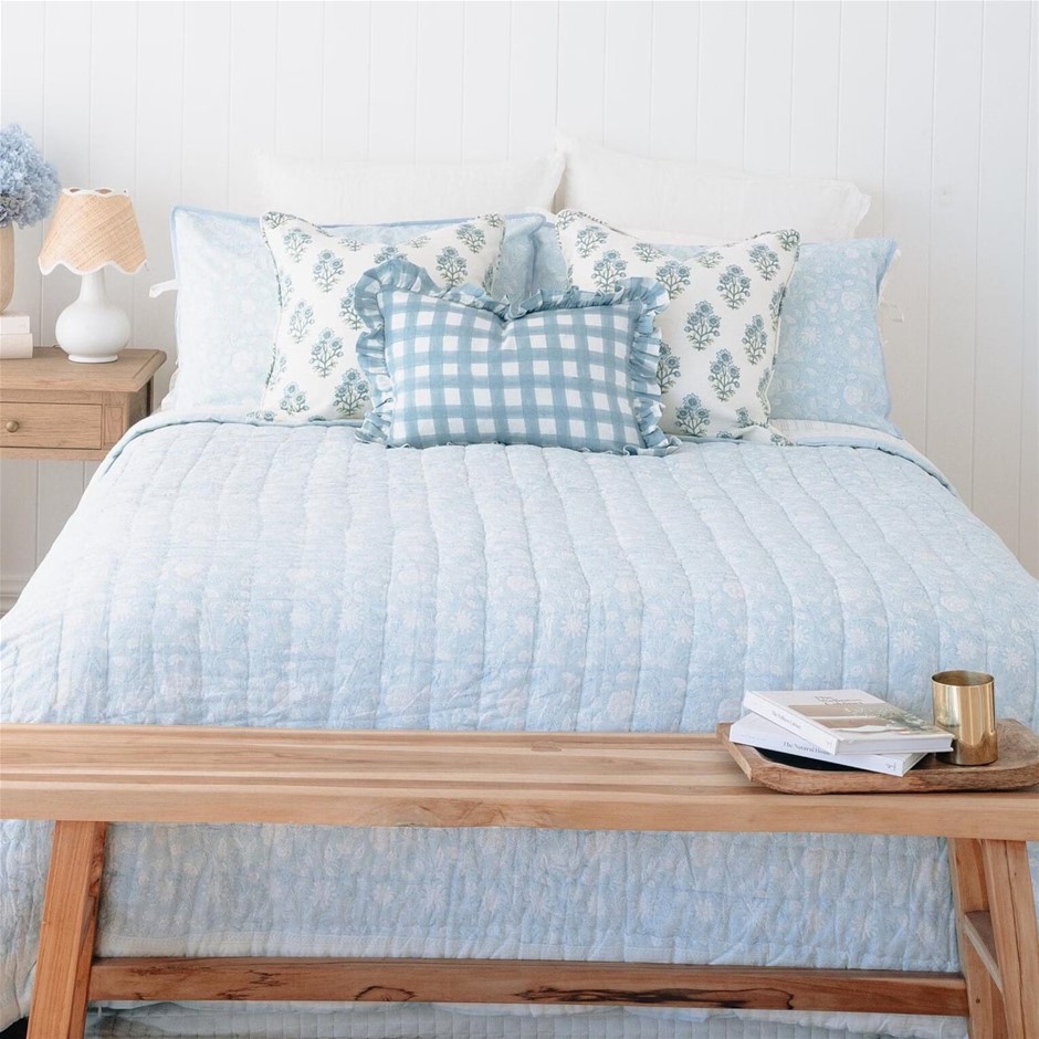 MISS SUNDARA Botanical Floral Block Print Quilt, Filled Reversible Side Pla