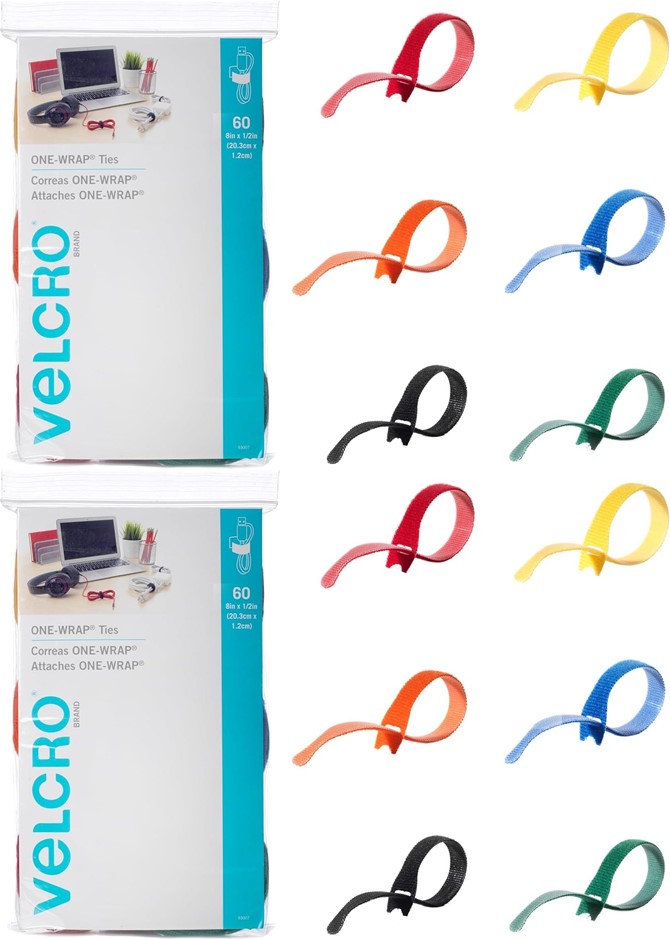 2 x VELCRO Brand ONE WRAP Ties for Cables, Wires and Cords, 8in x 1/2in Tie
