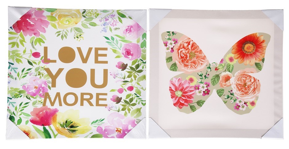 Set of 2  Canvass Wall Hangings, "Butterfly & Love You More" 400 x 400mm.