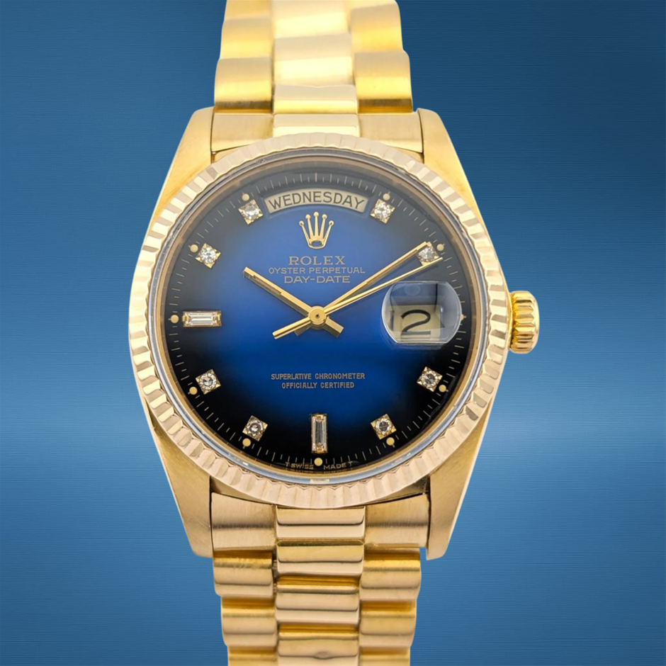 ROLEX DAY-DATE 36 36MM 18K YELLOW GOLD 18038 AUTOMATIC WXO & COA