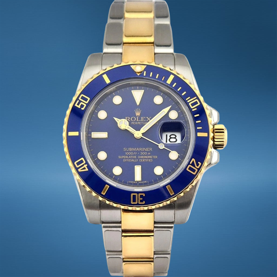 ROLEX SUBMARINER DATE BLUESY 40MM YELLOW ROLESOR 116613LB AUTOMATIC BXP&COA