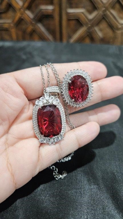 20.0ct Ruby Simulated Diamonds Stones Pendant and Ring