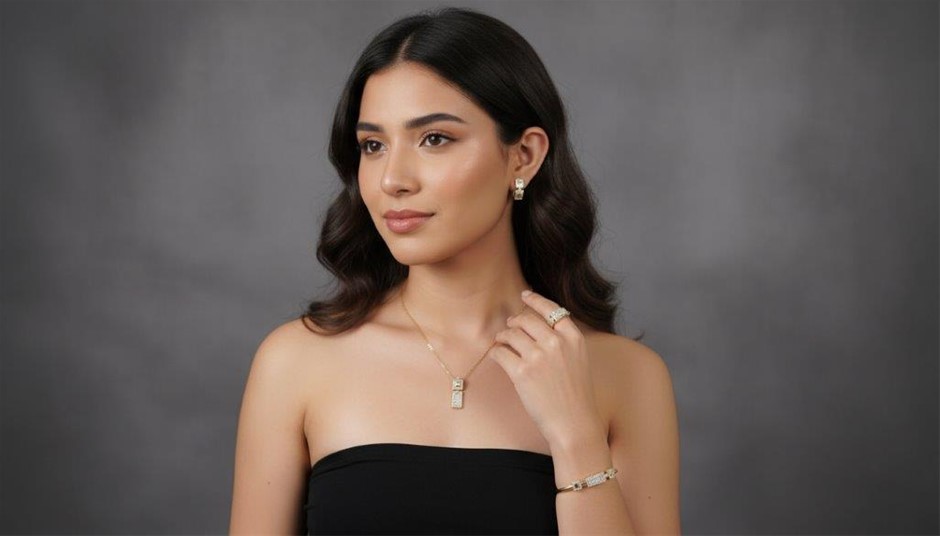 Set Bangle & Earrings & Ring & Pendant in 18k Yellow Gold Filled -Stamped