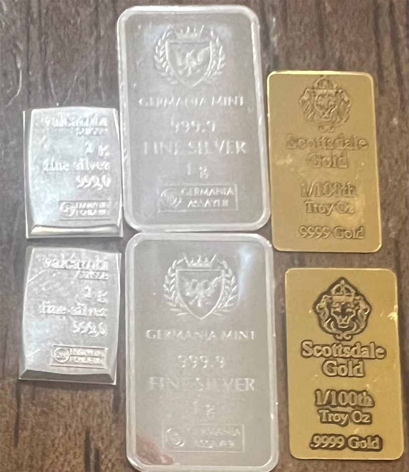 1/100 Scottdale bar x 2, 1Gram Valcumbi & 1Germania Silver bar x 2 each