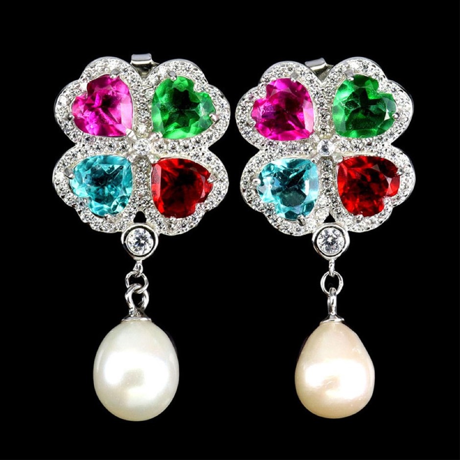 Elegant Multi Colour Heart Shape Topaz 925 Sterling Silver Earrings