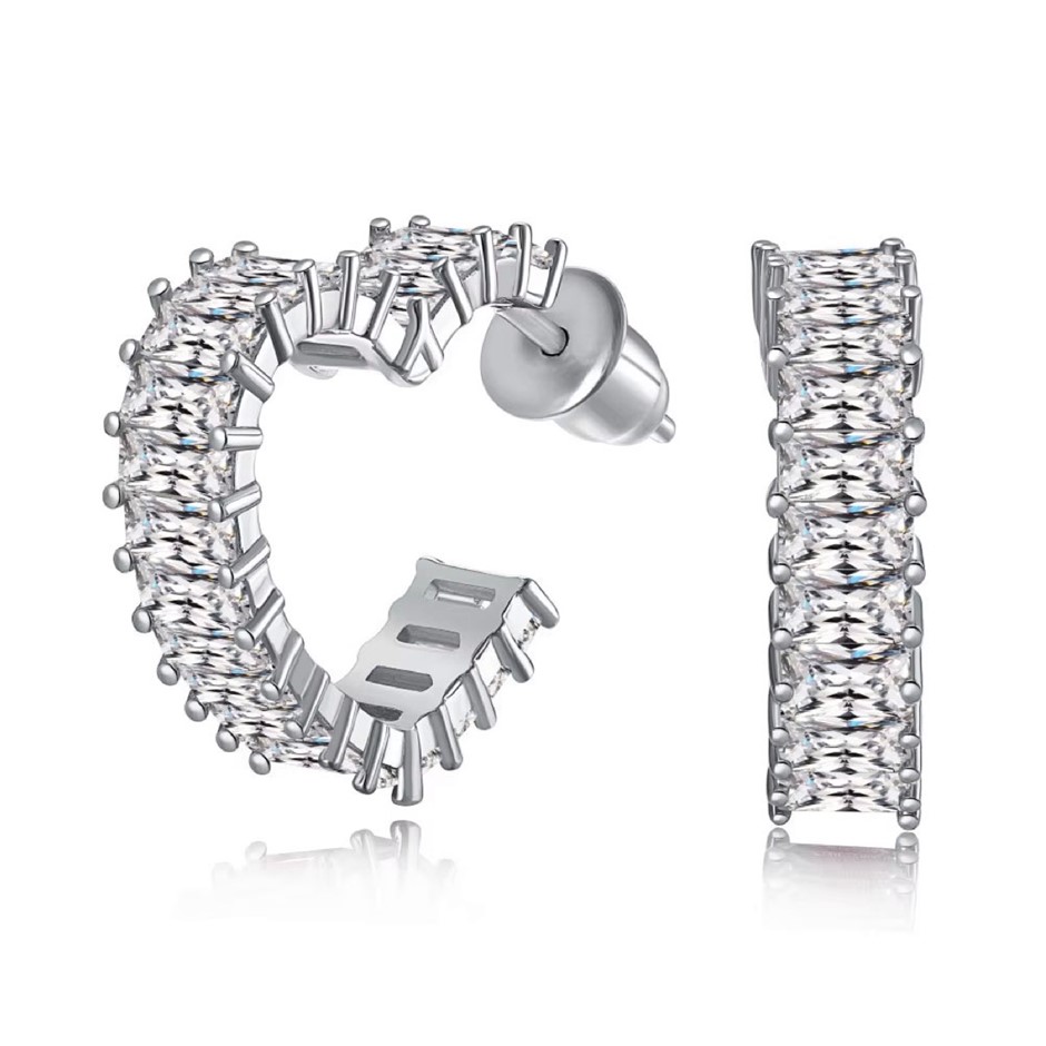 Heart Simulated Diamonds 925 Sterling Silver Hoop Earrings