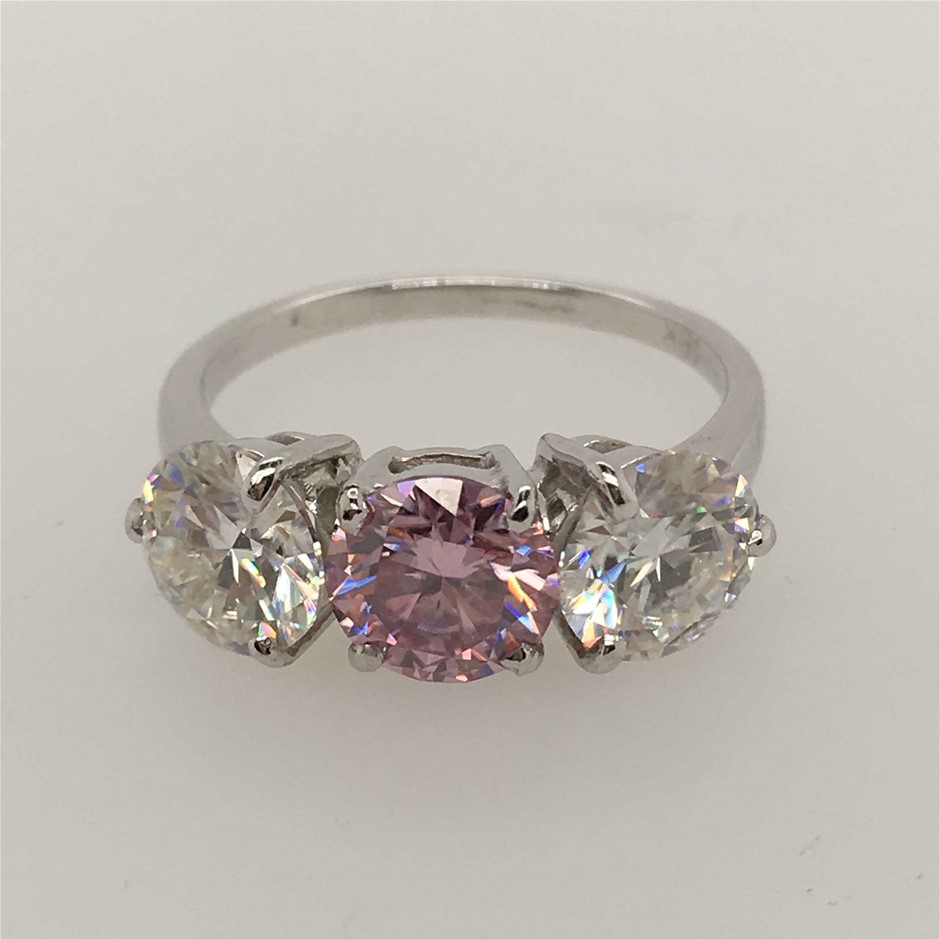 9ct White Gold Ring Pink & White Moissanite Round 2.93ct