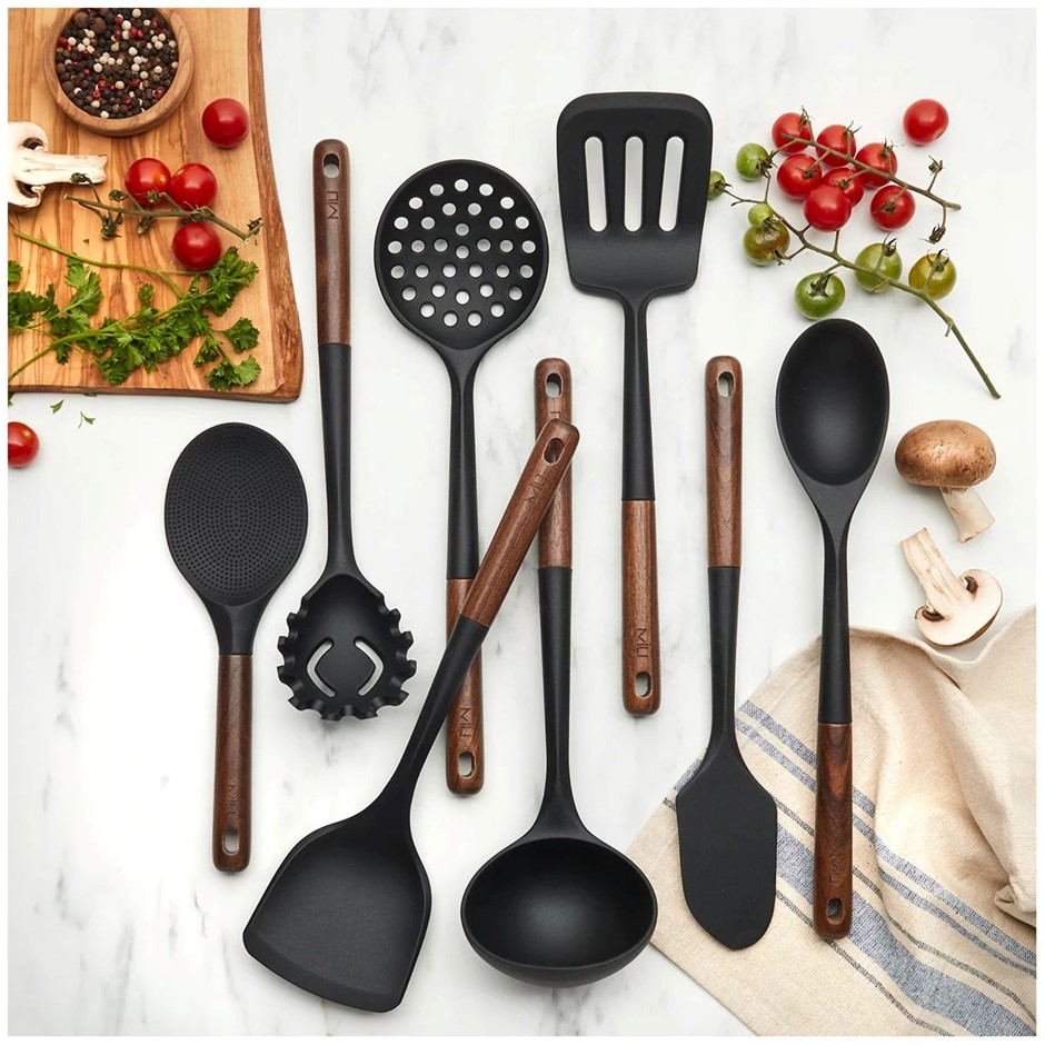 MIU 8pc SIlicone Utensil Set, Black Walnut Wood Handle.
