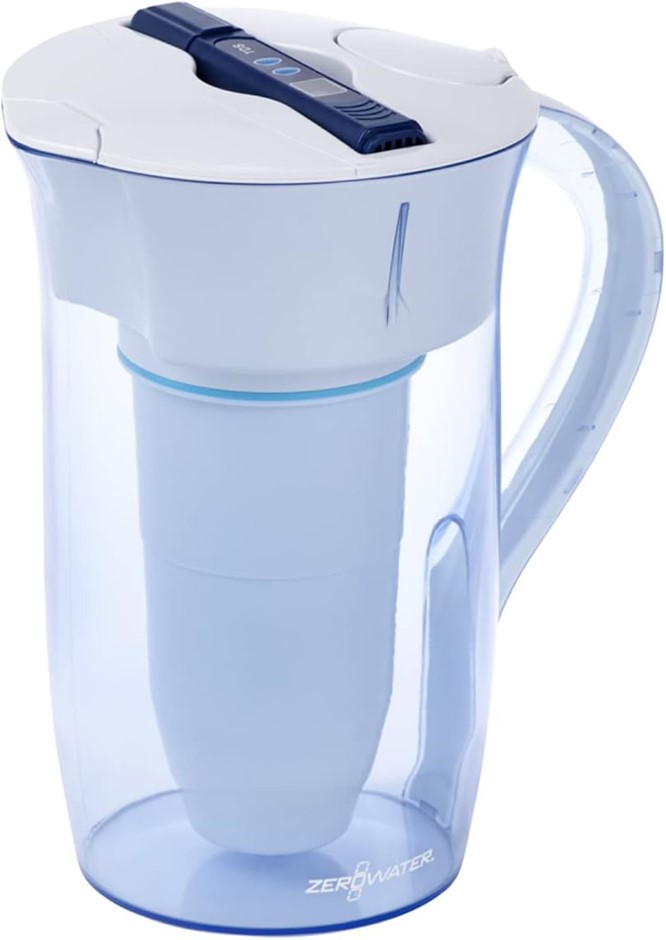 ZERO WATER 10 Cup Round Water Filter Pitcher, White and Blue. NB: Minor use