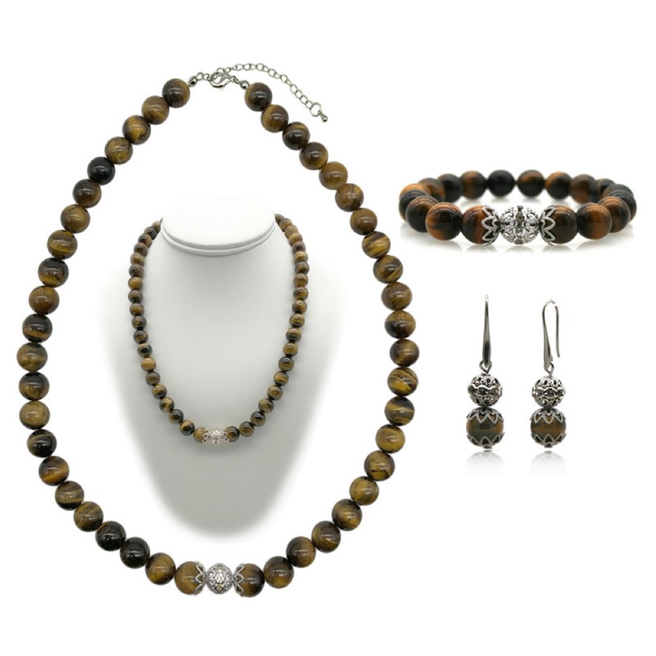 White Pearls Tiger Eye Gemstone Jewellery Jewellery Set