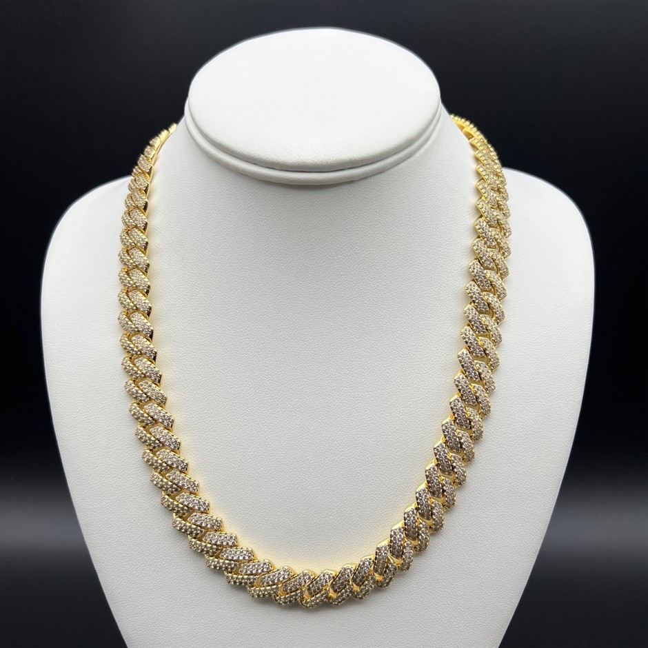 18K Gold-Filled Cuban Chain Necklace with Simulated Diamonds - 55.8cm