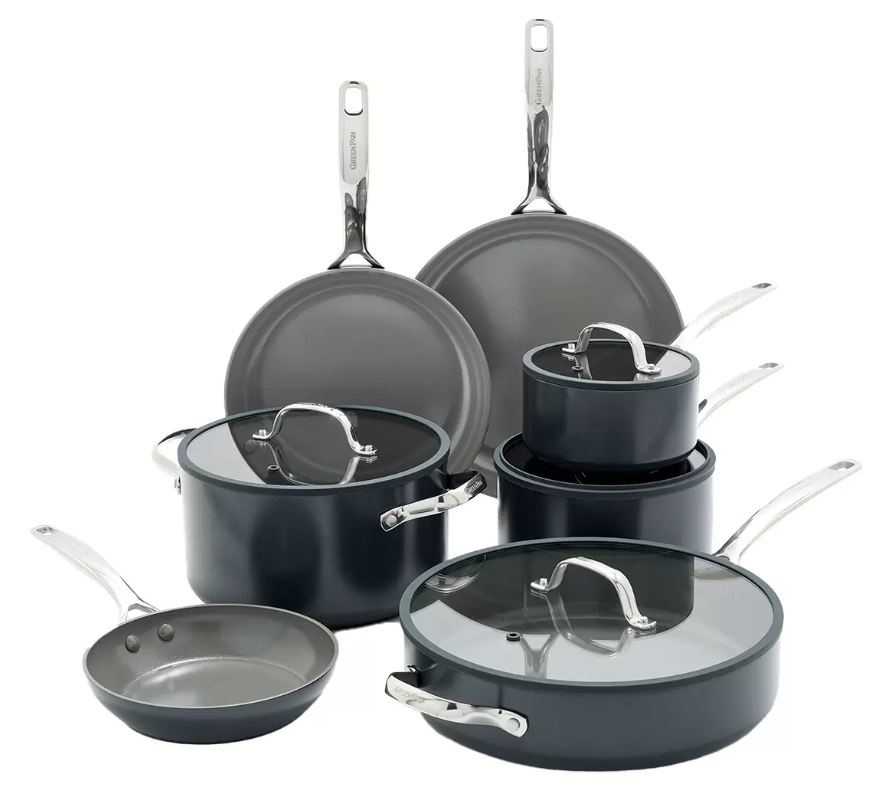 GREENPAN 11pc Eras Ceramic Non Stick Cookware Set, Black. NB: Damaged packa