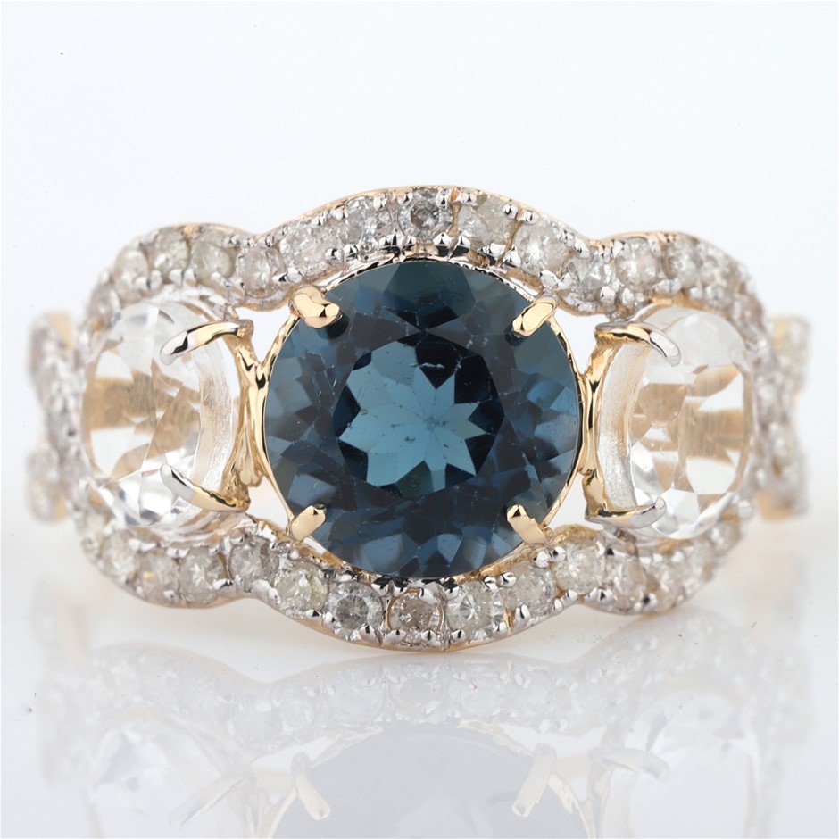 14k Yellow Gold Natural London Blue Topaz & Diamond Ring with Valuation