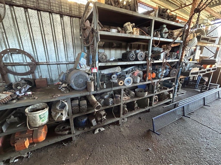 Assorted items incl: Wall Rack, Steel Bench, Pallet Rack + Electric Motors