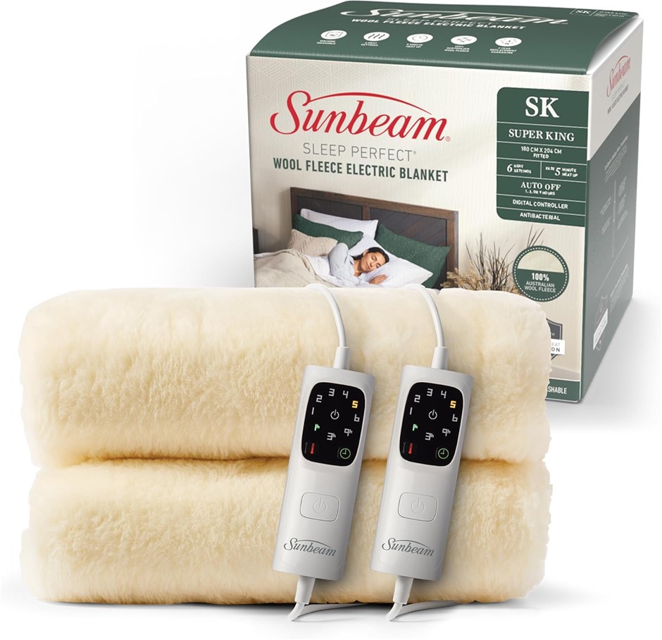 SUNBEAM Sleep Perfect Wool Fleece Electric Blanket 100% Australian Wool, Fu