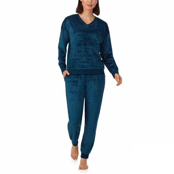 DKNY Women's 2pc Stretch Velour Lounge Set, Size L, Teal Blue. Buyers Note
