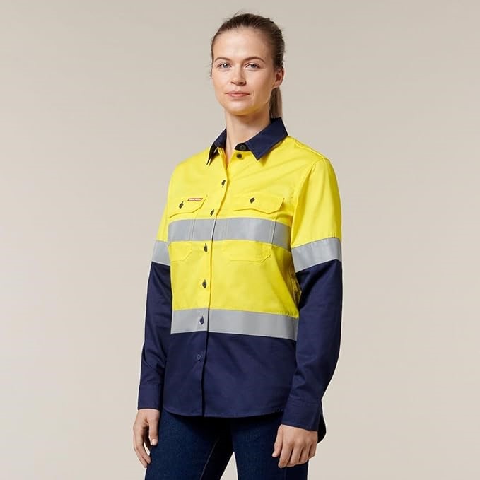 HARD YAKKA Women's Hi Vis Lightweight 2 Tone Taped Long Sleeve Shirt, Size