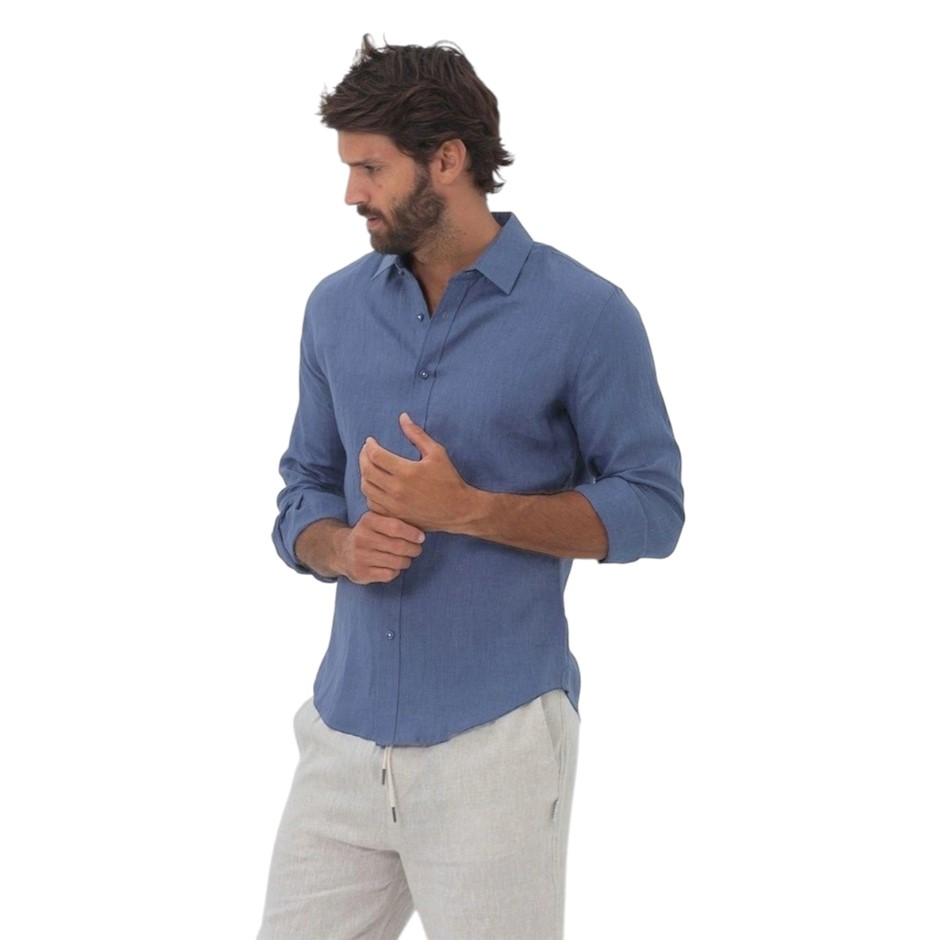 COAST Men's Long Sleeve Linen Shirt, Size L, 100% Linen, Denim Blue, 18CCC4