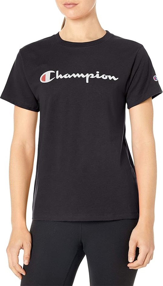 CHAMPION Women's Classic Tee, Screen Print Script T Shirt, Size XL, Black,