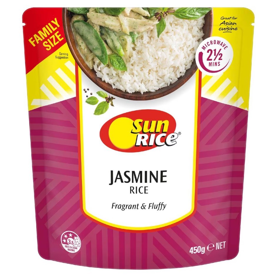6 x SUNRICE Jamine Rice Microwave Pouch, 450g.