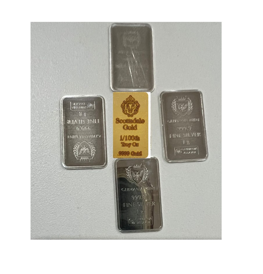 1/100oz Scottsdale Mint Gold Bar & 1g germania bar x 4