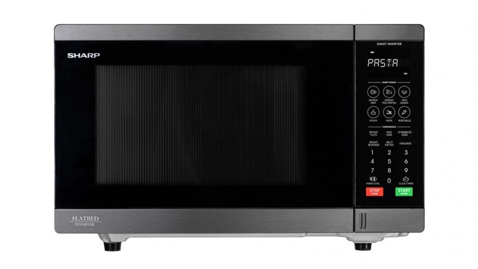 SHARP 32L Inverter Flatbed Microwave, Black Stainless.