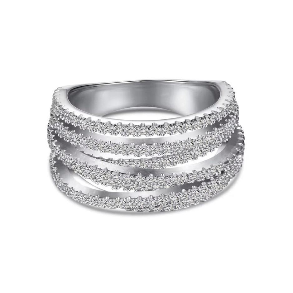 Simulated Diamond Multi Row 925 Sterling Silver Band Ring - Size 7