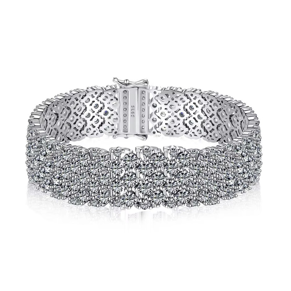 Wide Simulated Diamonds 925 Silver Tennis Bracelet-16cm
