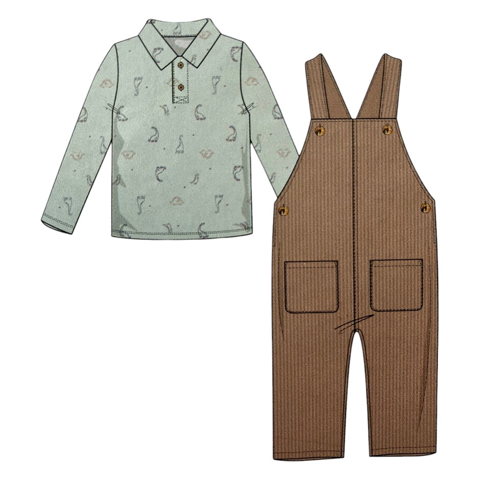 PEKKLE Kids' 2pc Cord Overalls Set, Size 5, Brown/Dino.