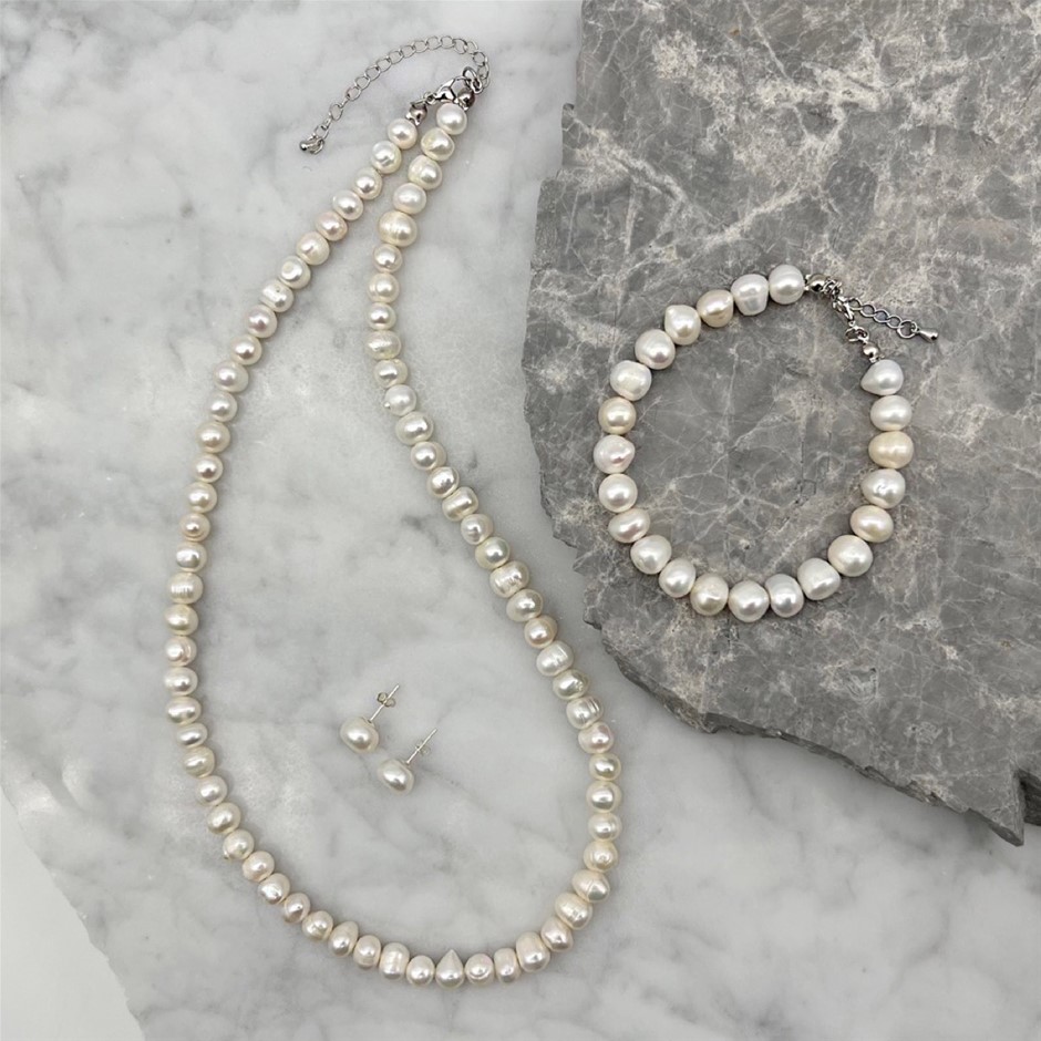Grade AB 7-8mm White Pearls Real Platinum Plated Jewellery Set