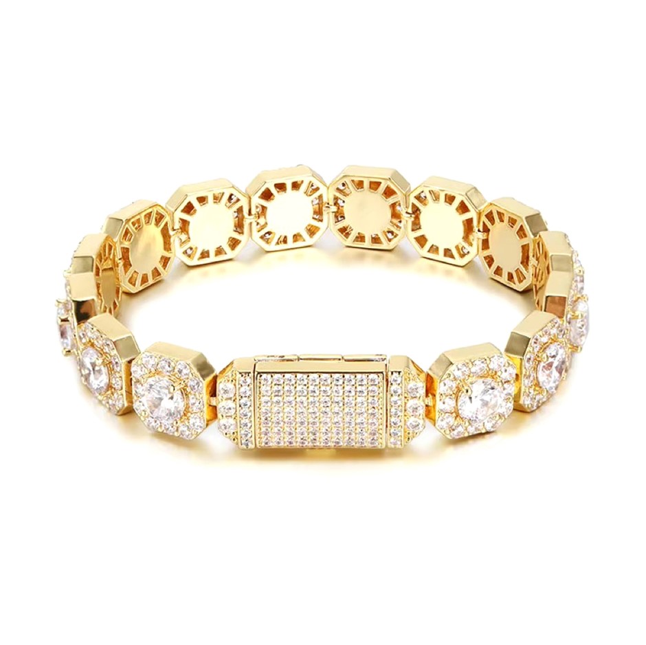 18K Gold - Filled Clustered Bracelet Simulated Diamonds, 12MM Wide - 20.3cm