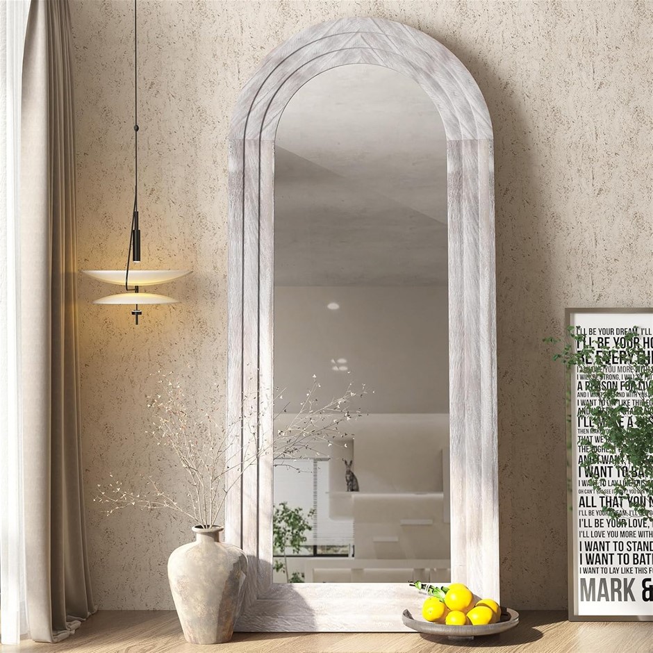 ZHUNFA Arched Solid Wood Frame Full-Length Mirror, 165 x 56cm, White Wood.