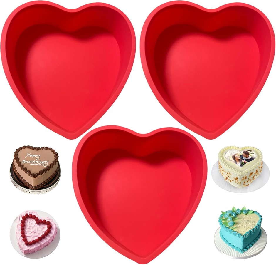 REECAGO Heart Shaped Cake Tin, 3pcs 8 Inch Silicone Love Cake Moulds, Cake