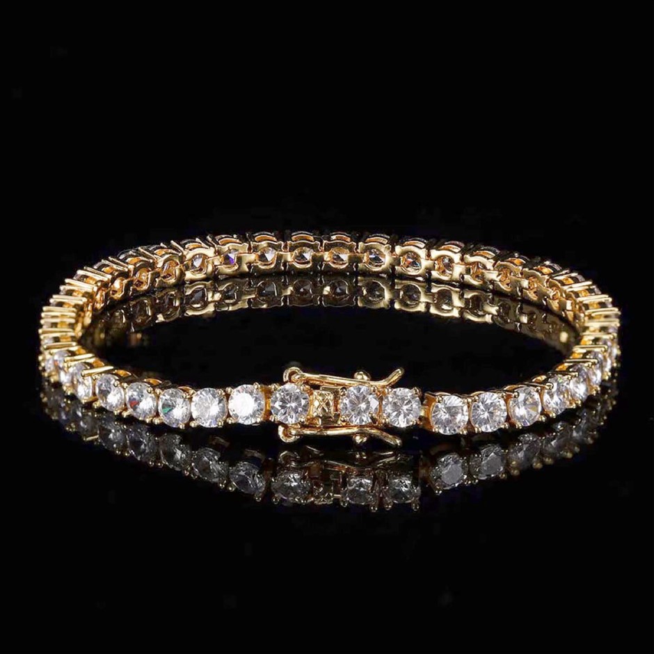 18K Gold-Filled Tennis Bracelet Round Facet Cut Simulated Diamonds - 22.8cm