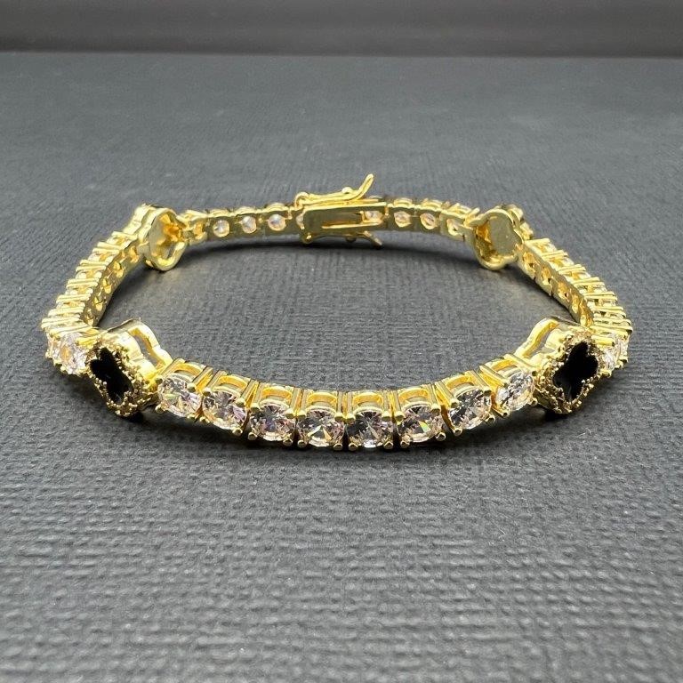 Gold-Filled Tennis Bracelet Four-Leaf Clover & Simulated Diamonds  - 22.8cm